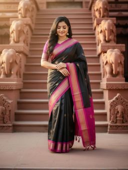 A S CREATION - Women Black Cotton Silk Kanchipuram with Elegant Traditional Design Saree