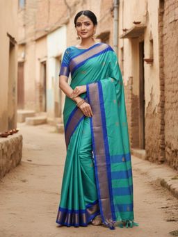 A S CREATION - Women Turquoise Cotton Silk Kanchipuram with Elegant Traditional Design Saree