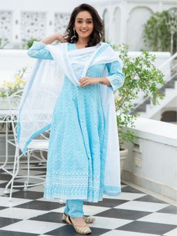 Lavanya The Label - Blue Chikankari Flared Anarkali And Pant (Set of 3)