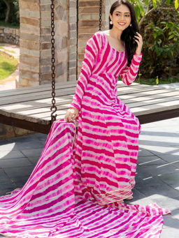 HOUSE OF JAMOTI - Leheriya Pink Anarkali Kurta and Pant with Dupatta (Set of 3)