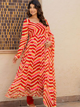 HOUSE OF JAMOTI - Leheriya Red Anarkali Kurta and Pant with Dupatta (Set of 3)