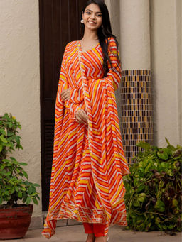 HOUSE OF JAMOTI - Leheriya Orange Anarkali Kurta and Pant with Dupatta (Set of 3)