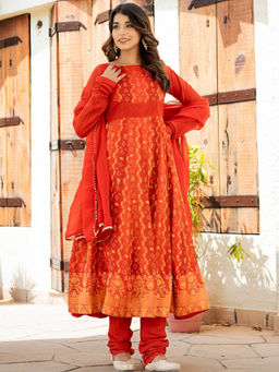 HOUSE OF JAMOTI - Red Cherry Lady Anarkali Kurta and Pant with Dupatta (Set of 3)