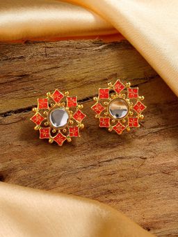 Estele - Gold Plated Floret Shaped Pink Meenakari Kundan Stud Earrings for Women