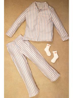 One Friday - Kids Girls Pink and Grey Stripes Night Suit (Set of 2)