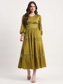 Global Republic - Green Self Design Midi Fit and Flare Dress for Women