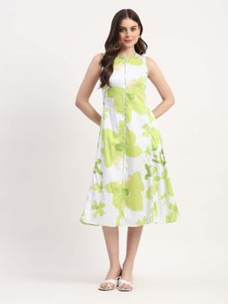 Global Republic - Green Floral Print Midi A-Line Dress for Women