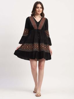 Global Republic - Black Embroidered Mini Fit and Flare Dress for Women