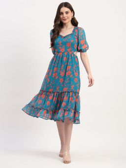Global Republic - Teal Floral Print Midi Fit and Flare Dress for Women