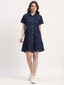 Global Republic - Navy Blue Solid Mini Fit and Flare Dress for Women