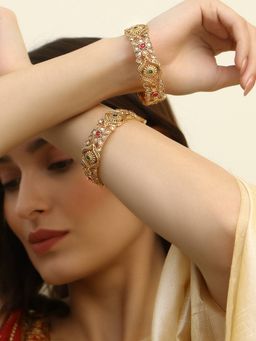 Adwitiya - Women Gold Plated Stone and Kundan Flower Design Kada Pack of 2