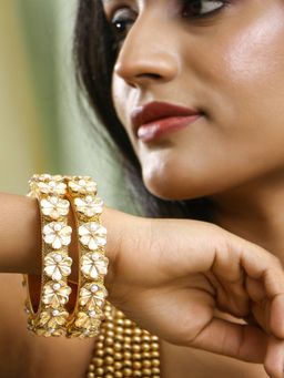 Adwitiya - Women Gold Plated Stone Studded Flower Design Bangles Pack of 2