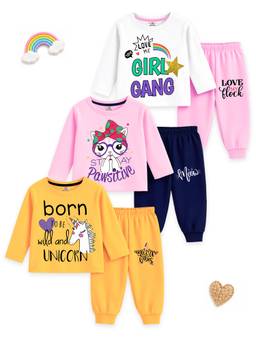Kuchipoo - Girls Multi-Colour Cotton Blend T-shirts with Pyjama (Pack of 6)