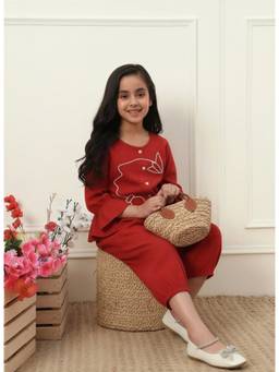 Bugandbees - Girls Red Cotton Co-Ord set