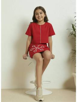 Bugandbees - Girls Red Cotton Co-Ord set