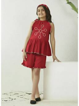 Bugandbees - Girls Red Cotton Co-Ord set