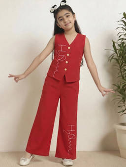 Bugandbees - Girls Red Cotton Co-Ord set