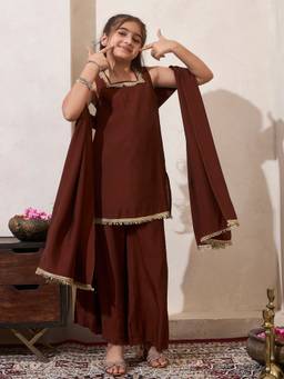 Bugandbees - Girls Brown Silk Blend Co-Ord set