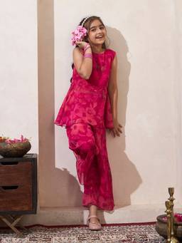 Bugandbees - Girls Magenta Chiffon Co-Ord set