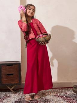 Bugandbees - Girls Magenta Brocade Blazer with Inner-Top and Palazzo