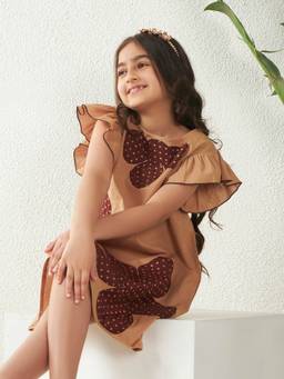 Bugandbees - Girls Beige Cotton Flex Dress