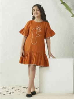 Bugandbees - Girls Orange Cotton Dress