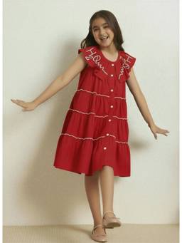 Bugandbees - Girls Red Cotton Dress