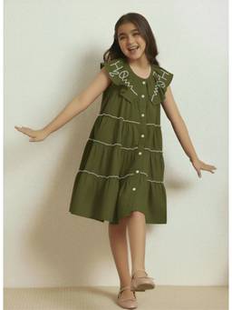 Bugandbees - Girls Green Cotton Dress