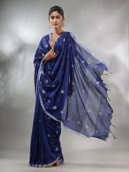 CHARUKRITI - Navy Blue Cotton Handwoven Saree with Texture Pattern & Unstitched Blouse
