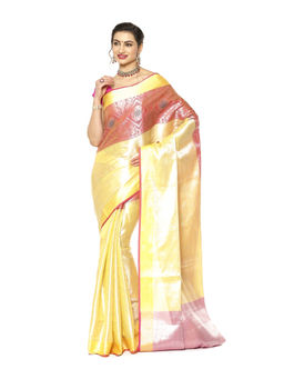 Banarasi Silk Works - Yellow Zari Kanchi Silk Tanchoi Meena Saree with Unstitched Blouse