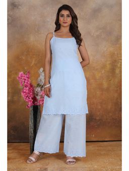Gahan - White Elegant Cotton Floral Thread Work Kurta with Palazzo
