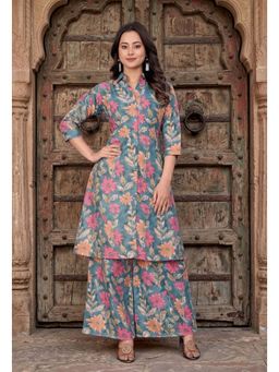 Gahan - Womens Blue Mixed Floral Print Straight Kurta with Palazzo