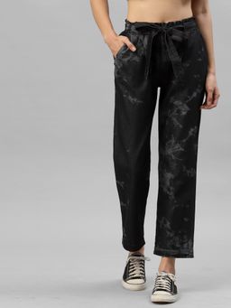 KASSUALLY - Black Paper Bag Belted Tie Dye Straight Fit Jeans