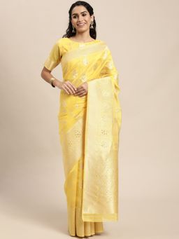 VAIRAGEE - Designer Yellow and Golden Ethnic Motifs Organza Saree with Unstitched Blouse