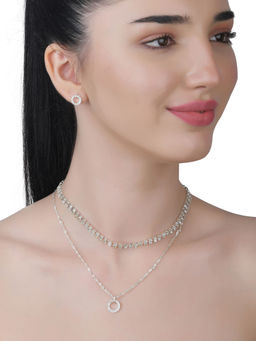 Lilly & Sparkle - Silver Toned Necklace with Cup Chain Crystal Studded Pendant & Earring (Set of 2)