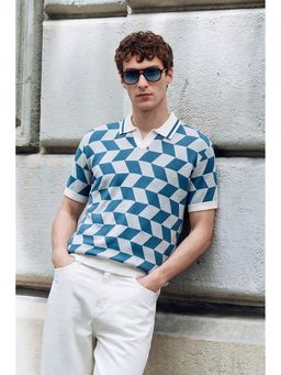 Snitch - Blue Geometric Half Sleeves Oversized Polo T-Shirt