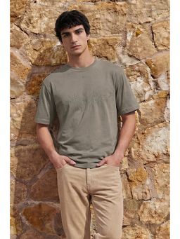 Snitch - Olive Embroidery Half Sleeves Oversized Casual T-Shirt