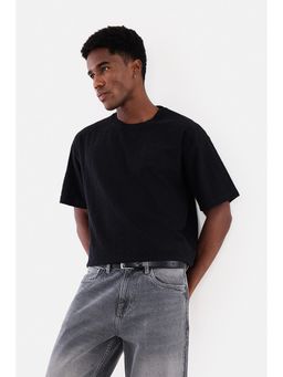 Snitch - Black Textured Half Sleeves Oversized Casual T-Shirt