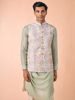 Manyavar - Men Green Viscose Blend Sleeveless Nehru Jacket with Pocket Pin