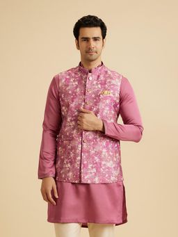 Manyavar - Men Purple Art Silk Sleeveless Nehru Jacket with Pocket Square and Brooch