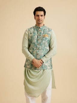 Manyavar - Men Teal Art Silk Sleeveless Nehru Jacket with Pocket Square and Brooch