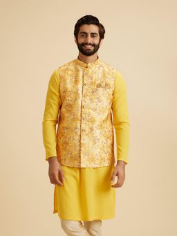 Manyavar - Men Mustard Art Silk Sleeveless Nehru Jacket with Pocket Square and Brooch