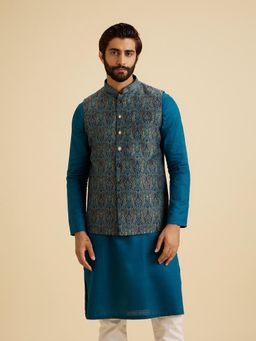Manyavar - Men Teal Brocade Sleeveless Nehru Jacket with Pocket Square and Brooch