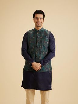 Manyavar - Men Blue Brocade Sleeveless Nehru Jacket with Pocket Square and Brooch