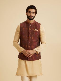 Manyavar - Men Maroon Brocade Sleeveless Nehru Jacket with Pocket Square and Brooch