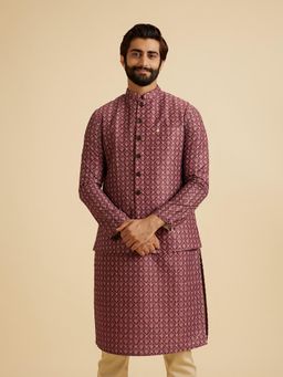 Manyavar - Men Maroon Art Silk Sleeveless Nehru Jacket with Pocket Square and Brooch