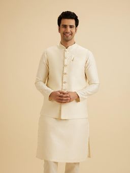 Manyavar - Men Cream Art Silk Sleeveless Nehru Jacket with Pocket Square and Brooch