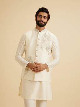 Manyavar - Men White Art Silk Sleeveless Nehru Jacket