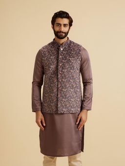 Manyavar - Men Purple Velvet Sleeveless Nehru Jacket with Pocket Square and Brooch