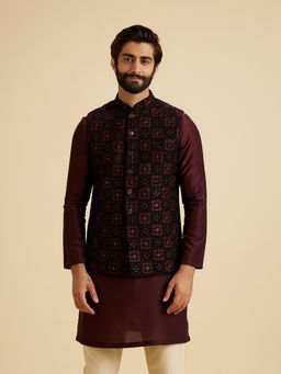 Manyavar - Men Blue Velvet Sleeveless Nehru Jacket with Brooch